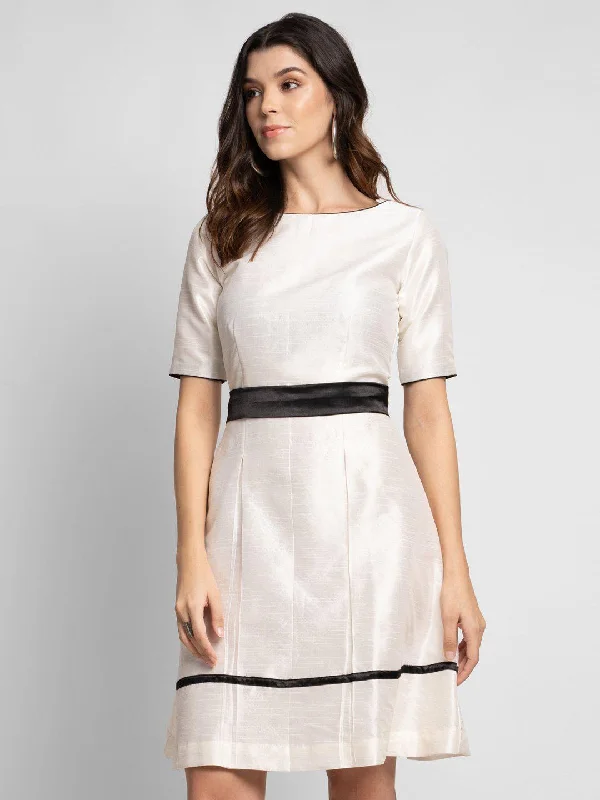 Price Drop Dupioni Evening Fit and Flare Dress - Creamy White
