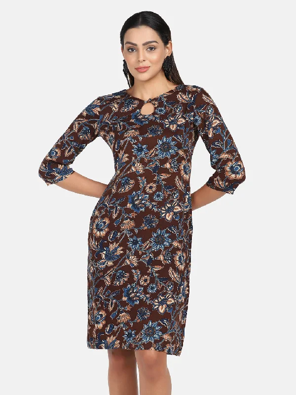 Final Markdown Floral Print Cotton Dress - Brown and Blue