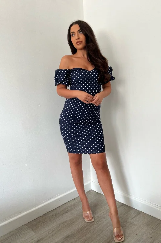 Super Bargain Vesper Anastasia Navy Polka Dot Bardot Midi Dress