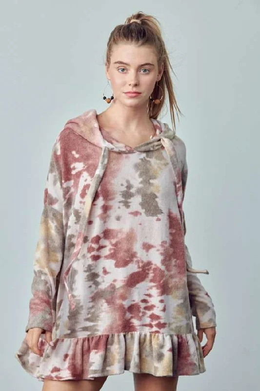 Tie Dye Fleece Ruffle Bottom Hoodie Tunic - Jade by Jane