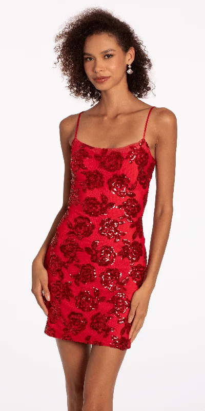 Rose Pattern Sequin Lace Up Back Bodycon Dress