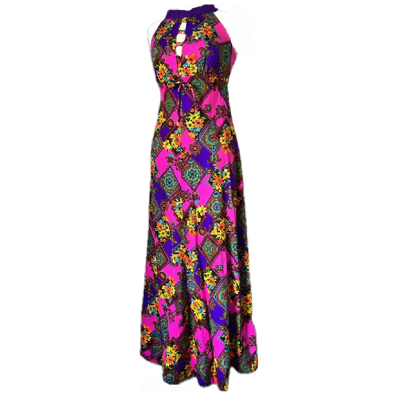 Best Deals Cage back psychedelic vintage late 1960s hot pink and purple maxi dress
