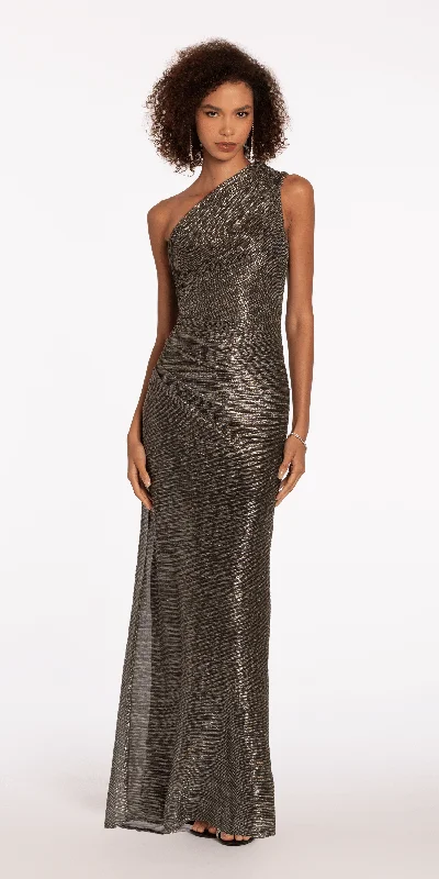 Metallic One Shoulder Column Dress with Ruching