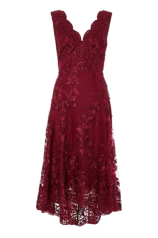 Online Exclusive Berry Embroidered Dip Hem Dress