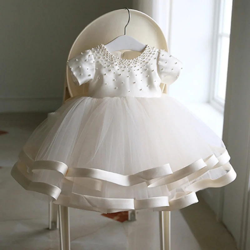 Exclusive Deal Baptism Dresses Baby Girl Summer White Bead Puffy Mesh Birthday Party Dress