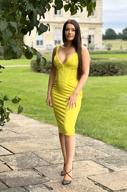 Bargain Prices Lavish Alice pleated ponte corset midi dress in lime yellow