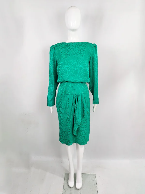 Big Discounts Oleg Cassini Vintage Pure Silk Satin Jacquard Green Blouson Dress, 1980s