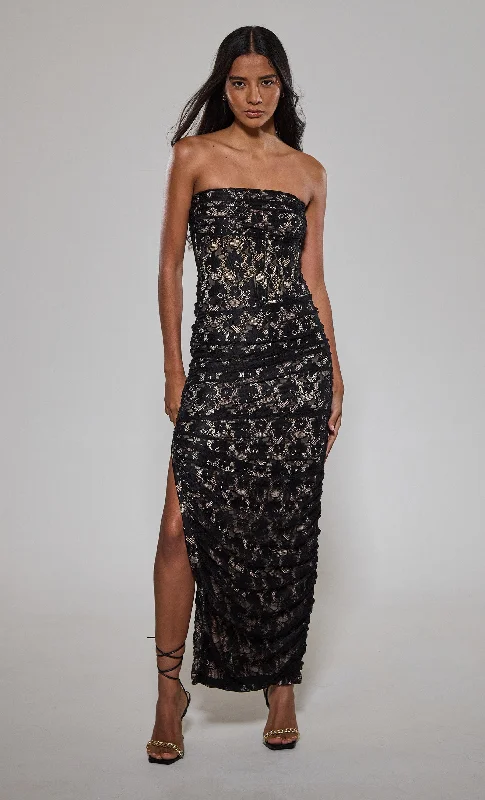 Special Savings Black Lace Ruched Corset Maxi Dress