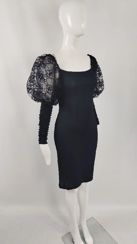 Midnight Sale Roots of London Vintage Black Lace Puff Sleeve Dress, 1980s