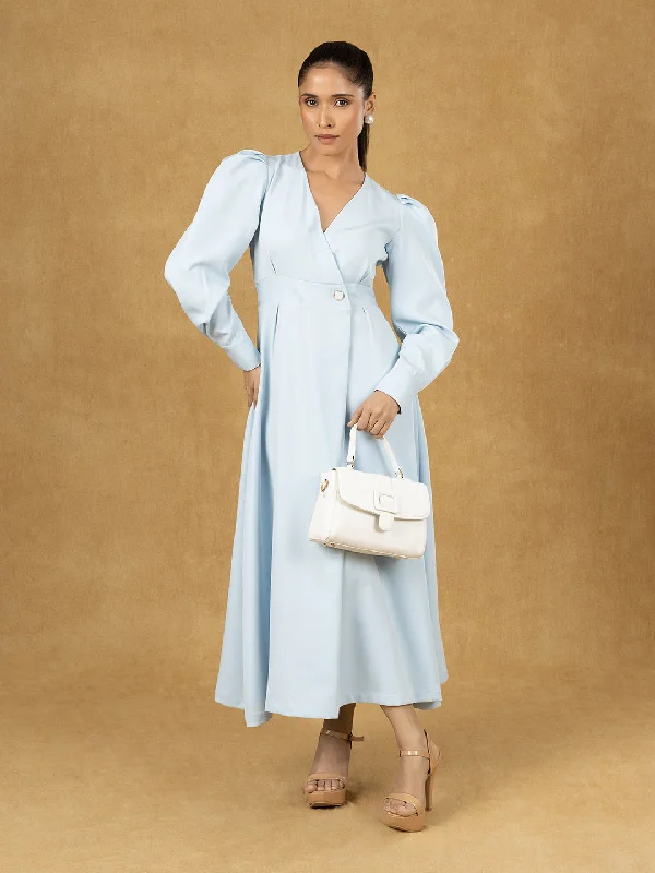 Loyalty Reward Blue Solid Wrap Fit And Flare Midi Dress