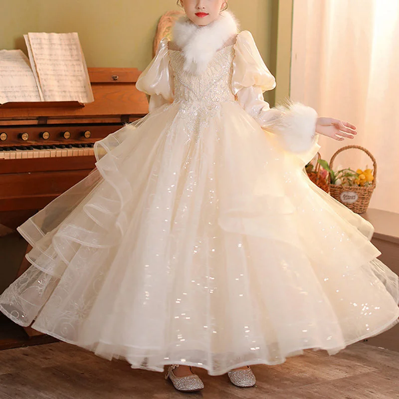 Lowest Prices Flower Girl Dress Children Party Winter Plush Long Sleeve Sequined Princess Dress Lowest Prices Flower Girl Dress Children Party Winter Plush Long Sleeve Sequined Princess Dress