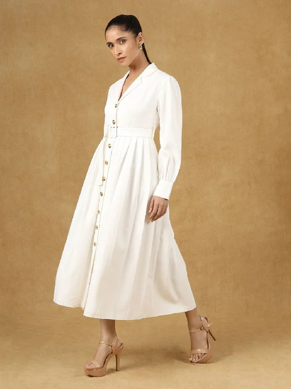 Friends and Family Sale White Solid Notched Collar Midi Dress