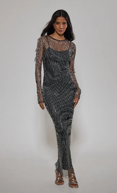 Great Deals Black Diamante Long Sleeve Maxi Dress