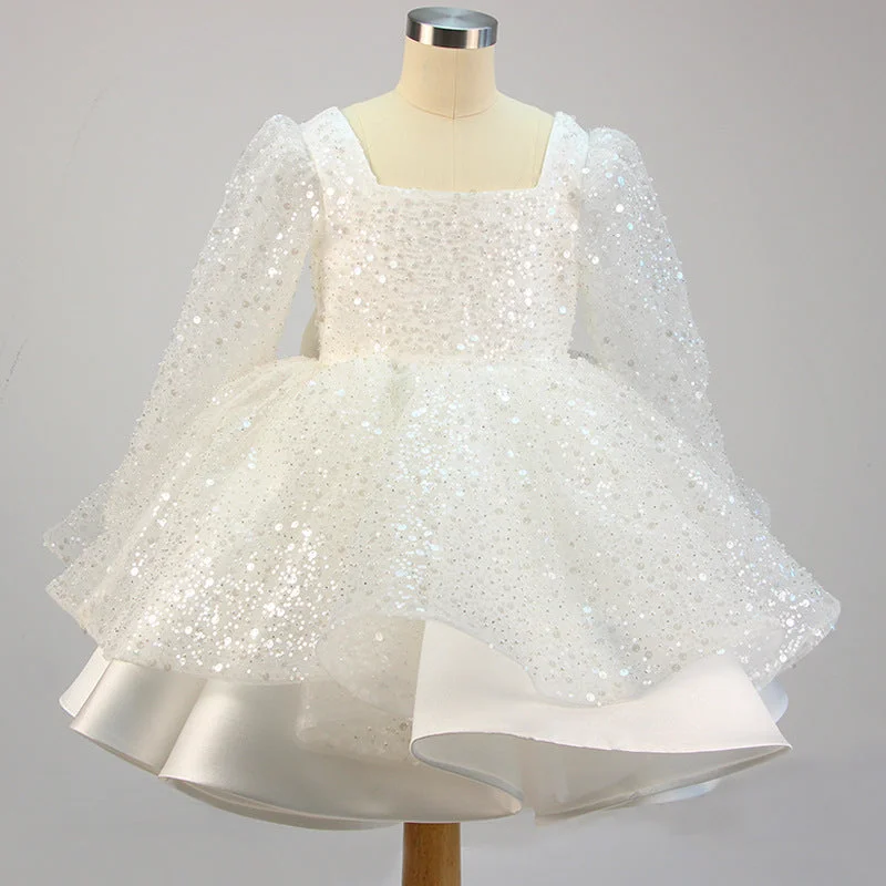 Price Break Girl Formal Princess Dresses Baby Girl Bow Mesh Long Sleeve Sequined Christening Dress