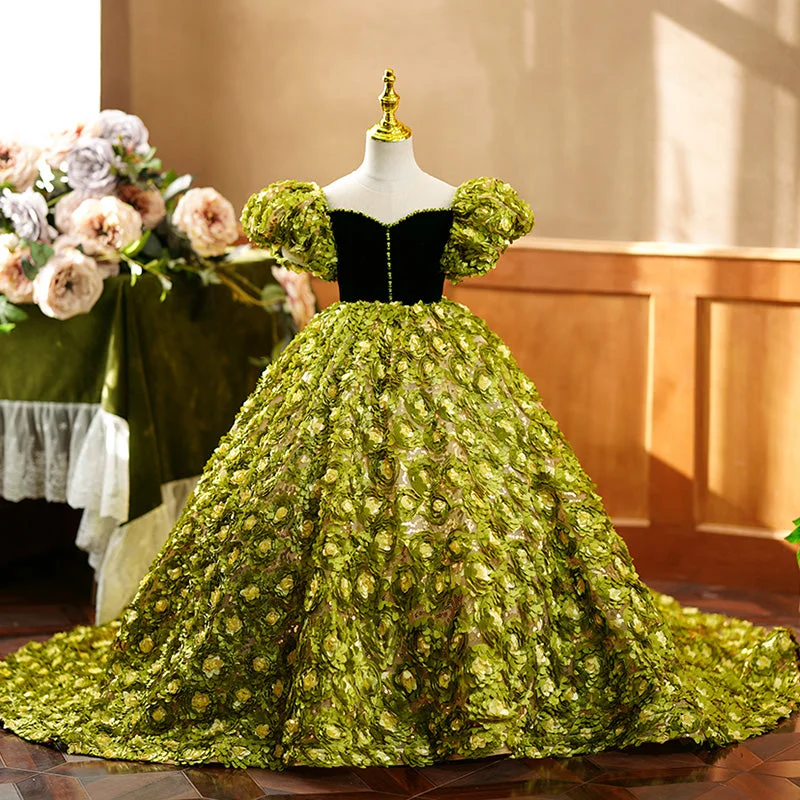 Super Deal Flower Girl Dress Children Color Contrast Green Floral Puff Sleeve Trailing Princess Communion Dress Super Deal Flower Girl Dress Children Color Contrast Green Floral Puff Sleeve Trailing Princess Communion Dress