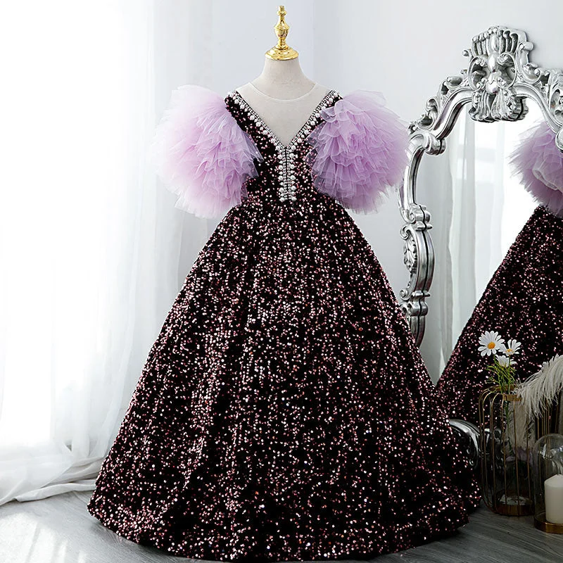 Best Seller Toddler Ball Gowns Girl Communion Purple Sequin Long Puff Sleeves Princess Pageant Dress