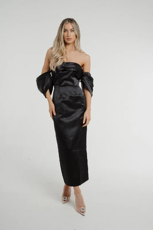 Don't Wait Holly Puff Sleeve Bardot Dress In Black