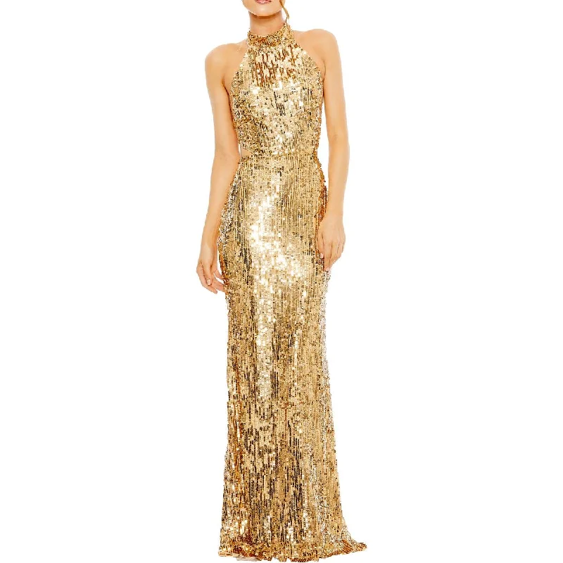 Mac Duggal Womens Sequined Halter Evening Dress