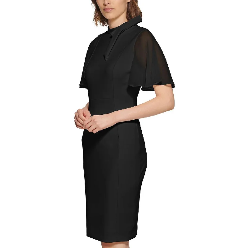 Calvin Klein Womens Flutter Sleeves Tie Neck Sheath Dress