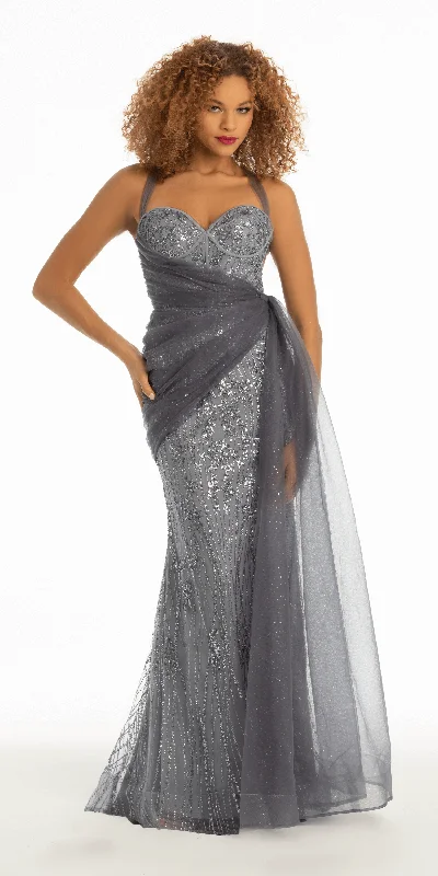 Strappy Back Sequin Glitter Mesh Trumpet Dress with Chiffon Sash