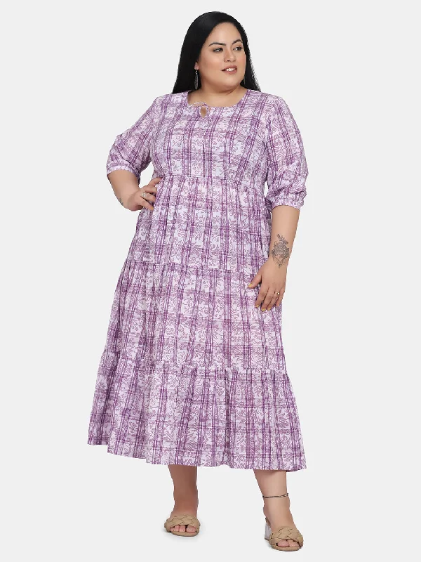 Bargain Bin Print Tiered Long Cotton Dress - Purple