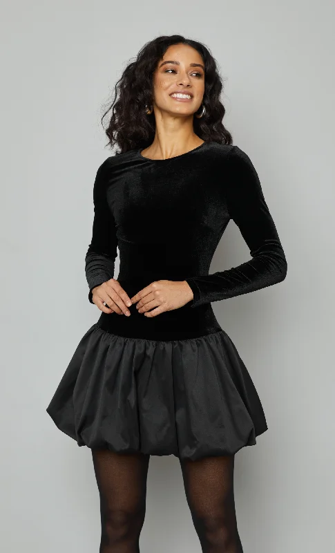 Incredible Offers Black Puffball Velvet Mini Dress