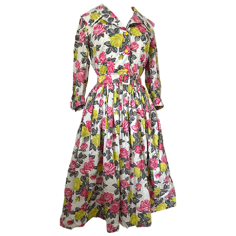 Today’s Deal Pink and yellow rose print cotton 1950s vintage shirtwaister dress