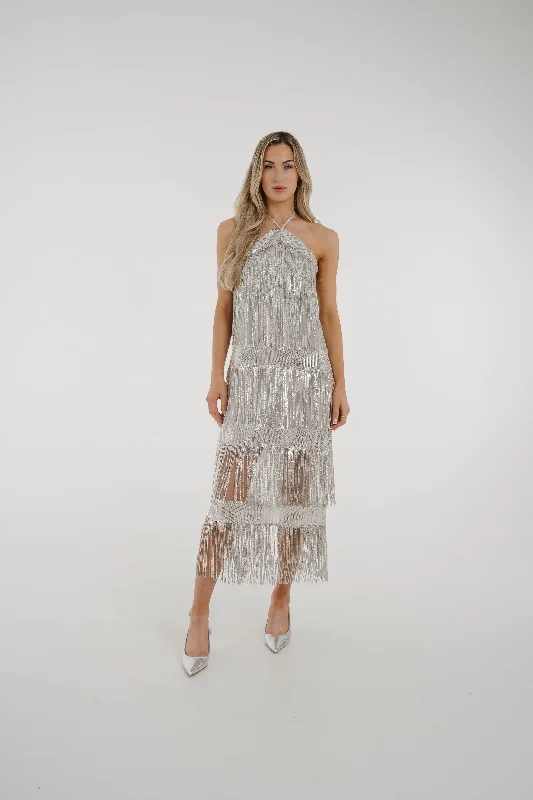 Act Fast Alana Fringed Sequin Dress In Silver