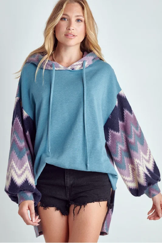 Zig Zag Print Teal Hoodie Sweatshirt