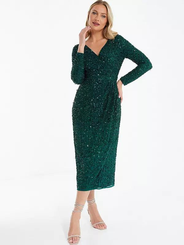 Weekend Special Green Sequin Wrap Midi Dress