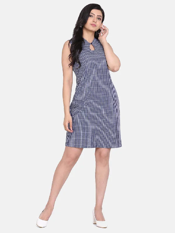 Final Clearance Gingham Check Cotton Shift Dress - Blue and White