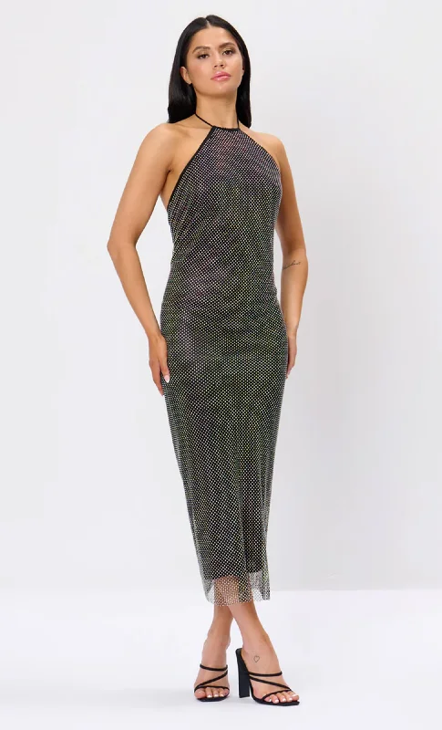 Special Price Black Rhinestone Lace Up Midi Dress