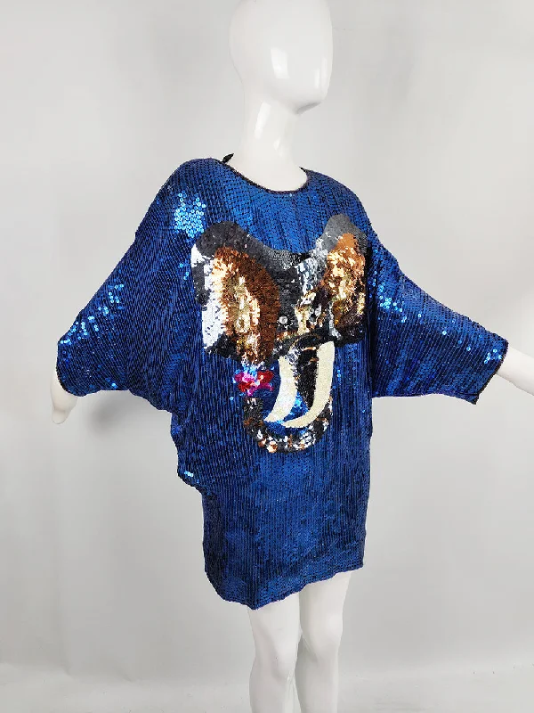 New Deals Vintage Blue Sequin Elephant Batwing Mini Dress/ Tunic Top, 1980s