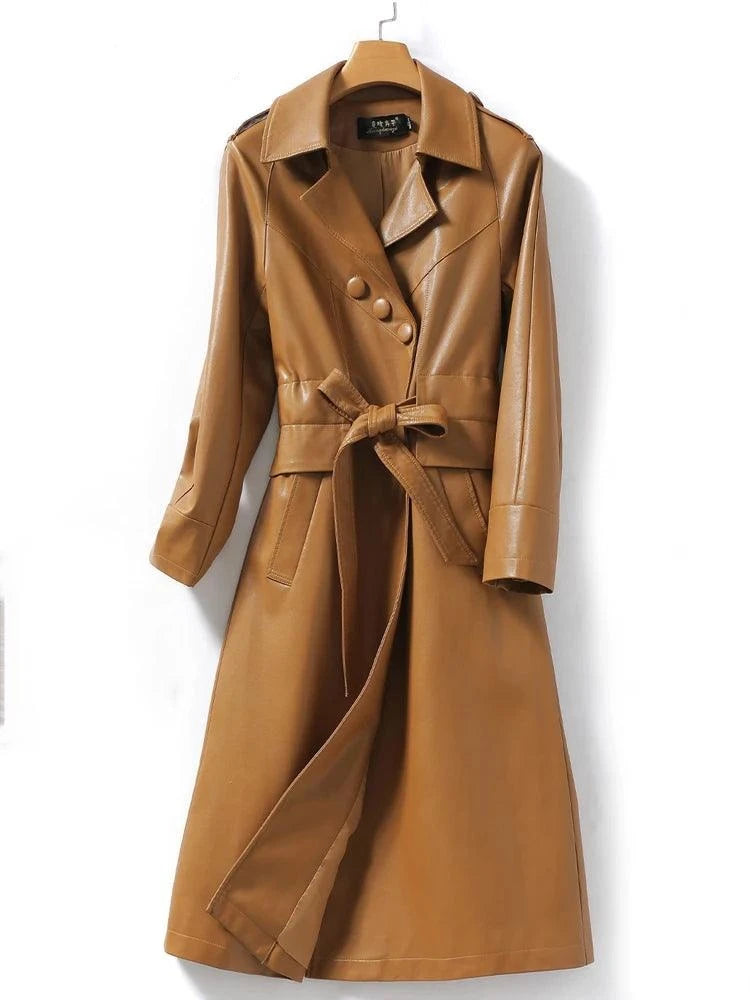 Discount Days Women's Long Belted Leather Overcoat