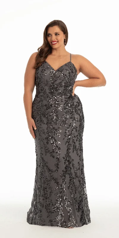 Strappy Lace Up Back Mesh Sequin Trumpet Dress with Leaf Detail