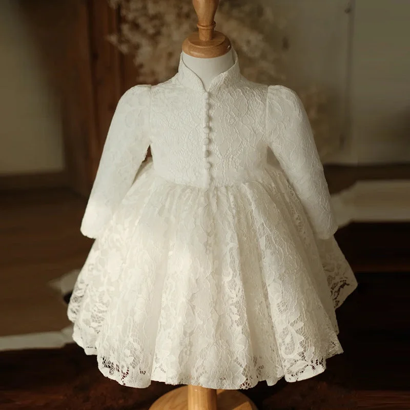 Quick Sale Girl White Long Sleeve Stand Collar Lace Princess Dresses Baby Girl Formal Dresses