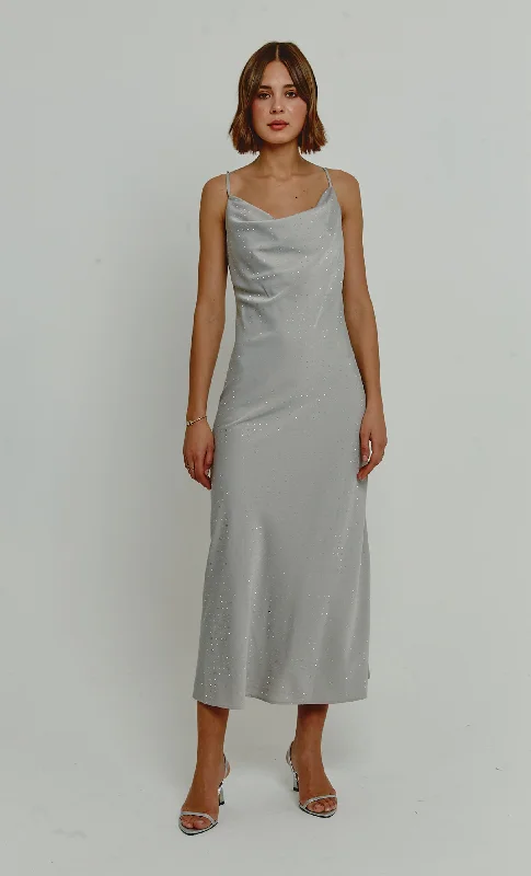 Super Sale Silver Diamante Satin Slip Maxi Dress