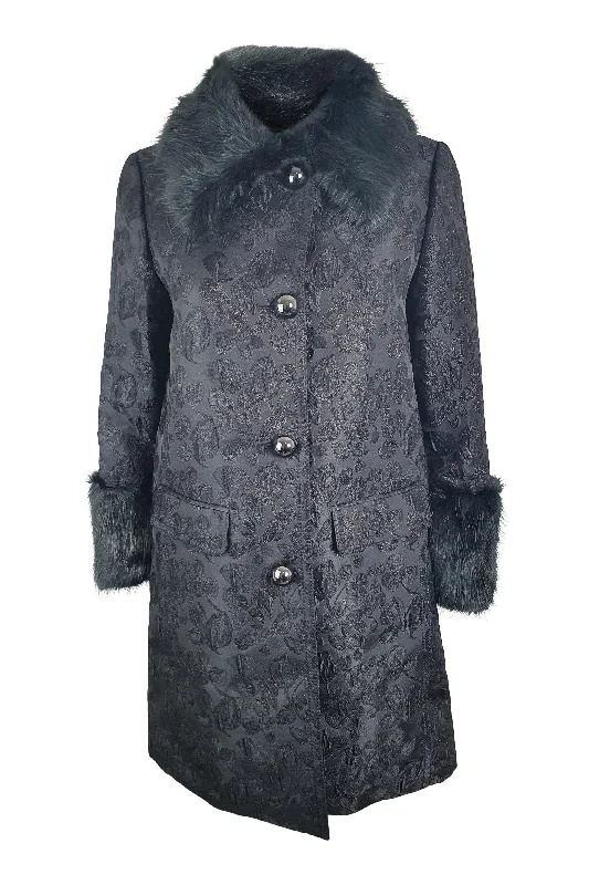 KATE SPADE Black Dashing Beauty Metallic Jacquard Faux Fur Trim Coat (US 0 | UK 4)