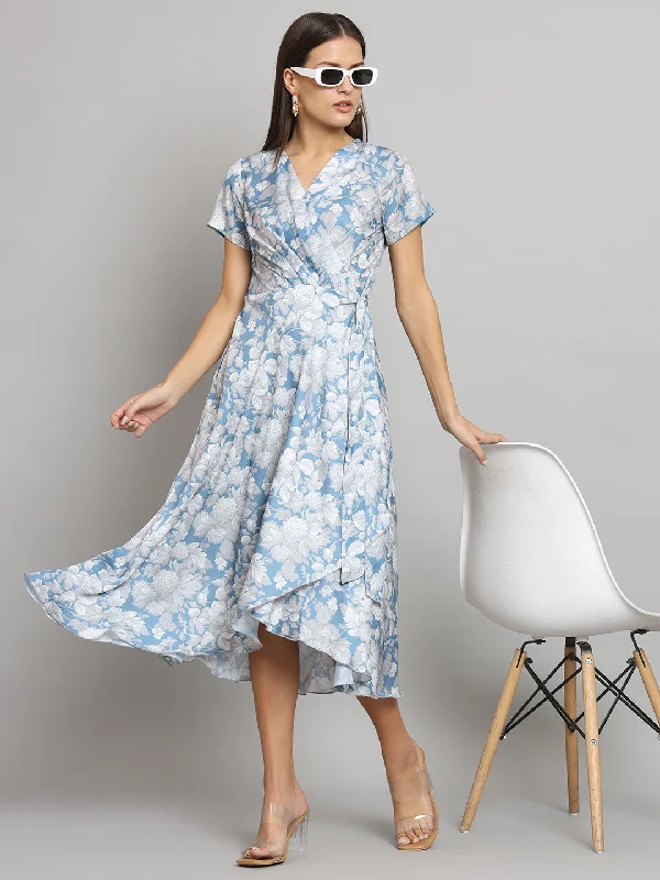 Exclusive Savings Printed wrap around dress- Blue and Grey