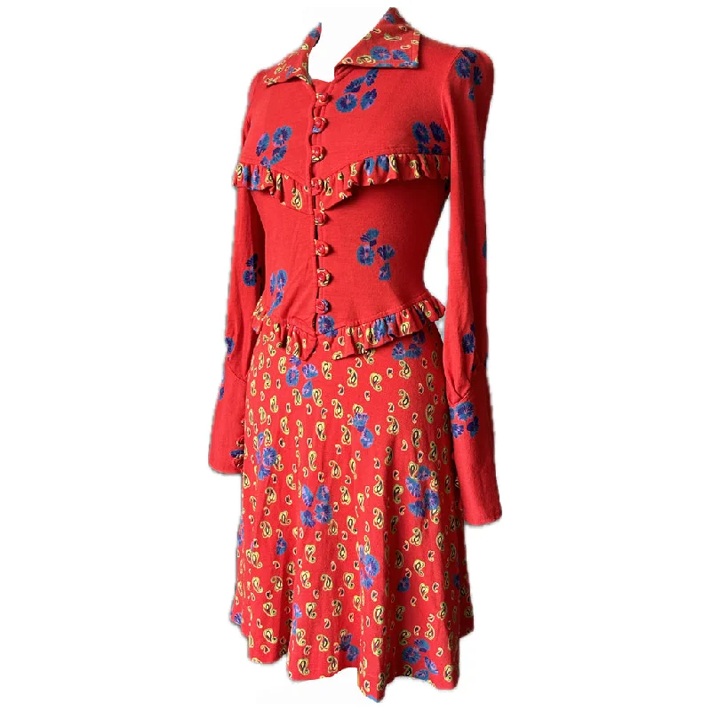 Price Reduction Bright red floral paisley jersey 1970s day dress with frill trim