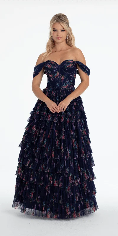 Print Mesh Off the Shoulder Tiered Corset Ballgown