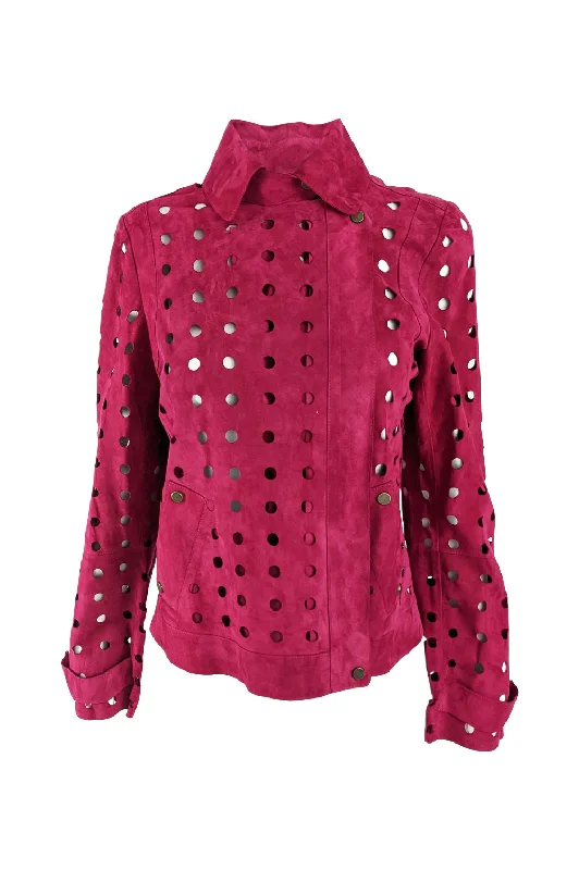 Today Only Vintage Laser Cut Out Fuchsia Pink Womens Suede Jacket, 2000s