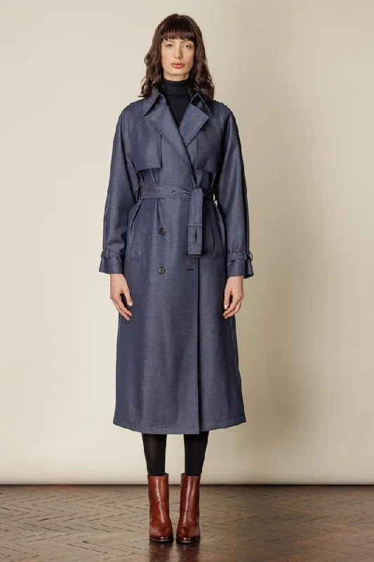 Maddie Trench Coat - Denim Blue Wool Gabardine