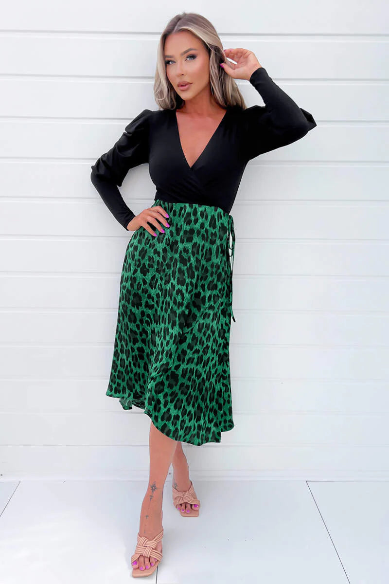 Discount Deals AX Paris Green And Black Animal Print 2 In 1 Midi Dress