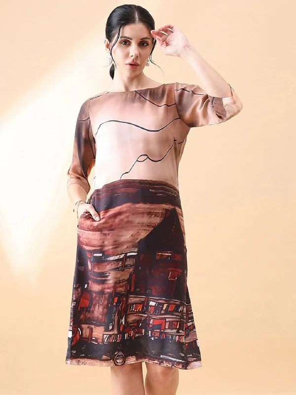 Closeout Sale A-Line printed dress- Brown
