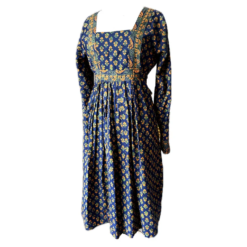 Price Cut Navy and orange Indian block print vintage folky day dress