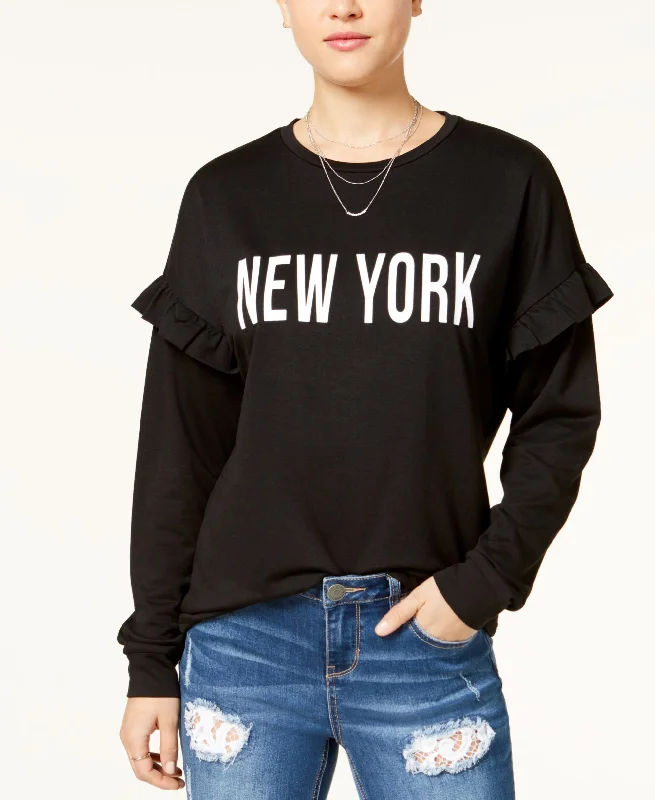 Referral Discount Pretty Rebellious Juniors Ruffled New York Graphic Sweatshirt