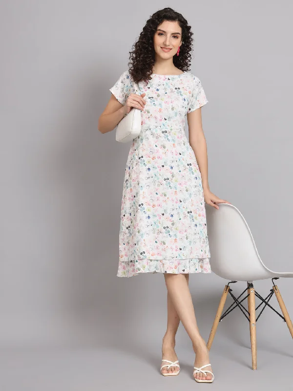 Limited Availability A Line Printed Floral Frill Dress - White