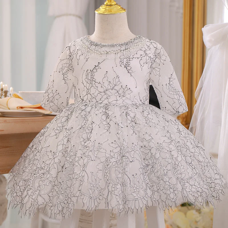 Midnight Madness Baby Girl Dress Toddler White Princess Fluffy Printed Pattern Fluffy Party Dress