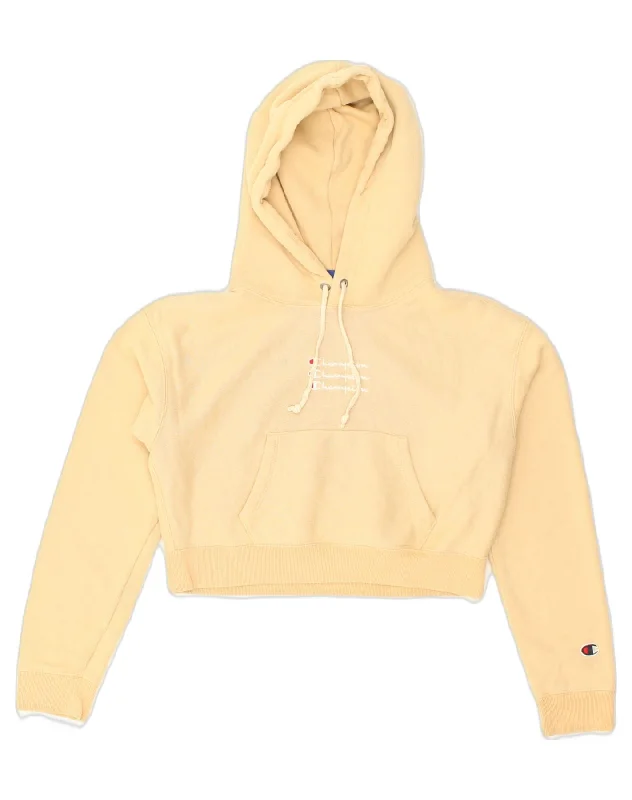 Online Only CHAMPION Womens Crop Graphic Hoodie Jumper UK 10 Small Beige Cotton